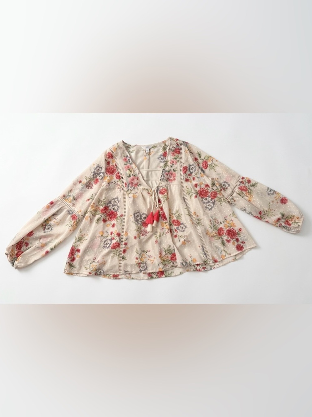 Time and Tru Ivory Floral Tie-Front Peasant Blouse with Red Tassels - Picture 2 of 10